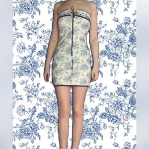 Floral Blue and White Strapless Dress